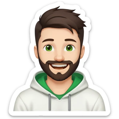 laughing guy with white hoodie, white t-shirt underneath, green eyes, dark brown undercut hairstyle and a short full beard sticker