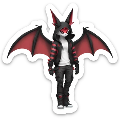 Dark Unique Anthro Cool Kawaii Horned Bat-Winged Zangoose-Litten-Pokémon with edgy stripes Punk Techwear Hoodie Cargo Collar sticker