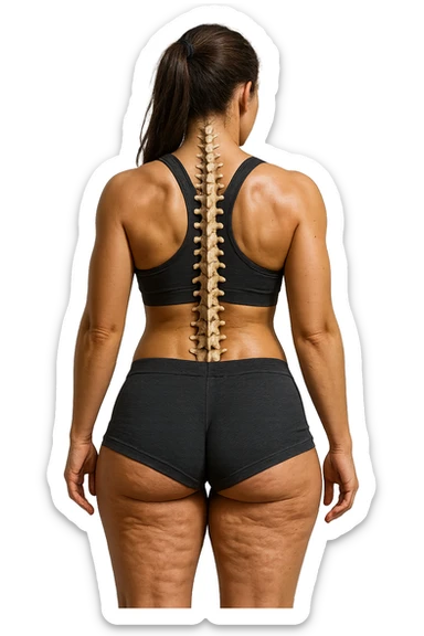 donna fitness di spalle in gym shorts con la cellulite sulle cosce, spina dorsale anatomica in evidenza, iperrealistica 4k sticker