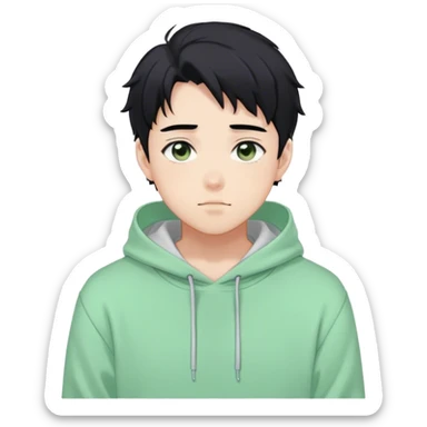 Gorgeous pastel green sweater black hair anime style shojo guy with blushing face and, hoodie, aesthetic, young adult, trending style, outside, vedal987 sticker