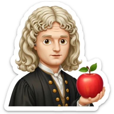 Isaac Newton wearing 17th-century aristocratic attire with long curled periwig, hold an apple sticker