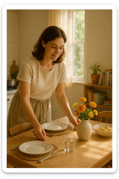 "Donna tra i 30 e i 40 anni, all’interno della sua casa luminosa, mentre prepara la tavola o accudisce i figli con un’espressione dolce e serena. Indossa abiti semplici e curati, simbolo di cura e presenza. Sullo sfondo si vedono dettagli di una casa armoniosa: fiori freschi, libri per bambini, un pranzo in preparazione. La scena trasmette calore, dedizione e stabilità familiare. Elementi visivi di supporto: luce solare che entra dalla finestra, atmosfera calda e rassicurante. Stile realistico con toni caldi e tenui sticker