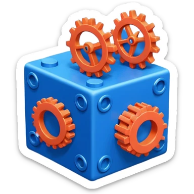 Modern minimal emoji: building blocks + connection flows + gear. Deep blue and coral colors. Professional no-code expert signature. Geometric clean style. sticker