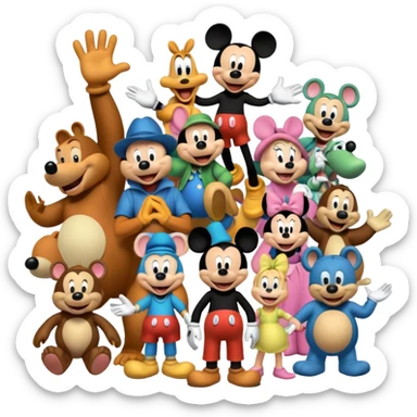 Colorful icon for Animated Movies: A vibrant collage featuring iconic characters like Goofy, Mickey Mouse, Franco, Masha and the Bear and Luntik. Each character should be large and bright, set against a cheerful and playful background of Disneyland. Transparent background. sticker