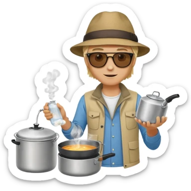 A blonde man camper boiling water on a portable stove, enjoying the outdoor sticker