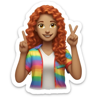 a white girl with long red curly hair in a pony tail with rainbow shirt does peace sign  sticker