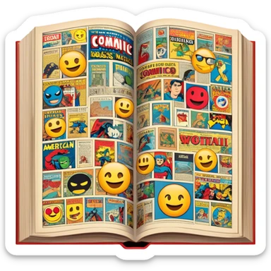 detailed and vintage-inspired emoji representing comic magazines and graphic novels as a storytelling art form. a large, open comic magazine with pages filled with classic American comic book panels. classic feel of old-school comic books a graphic novel. background transparent sticker