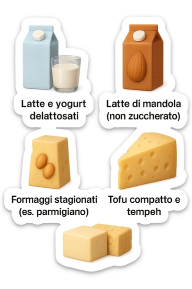 emoji stile iphone 3d di questi elementi che fluttuano in aria:

Latte e yogurt delattosati
Latte di mandorla (non zuccherato)
Latte di soia da proteine isolate
Formaggi stagionati (es. parmigiano)
Tofu compatto e tempeh
 che fluttuano in aria,  le etichette scrivile in italiano, iperealistico 4k sticker