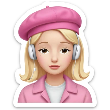blonde American girl wearing a pink beret and AirPods Max headphones, listening to music with closed eyes sticker