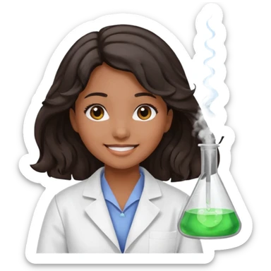 Una chica de laboratorio clínico químico con ojos negro cabello oscuro ondulado raya en medio tez media con bata de científica sticker