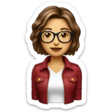 mujer pelo bob castaña con mechas rubias y ojos marrones con gafas color rojo sticker