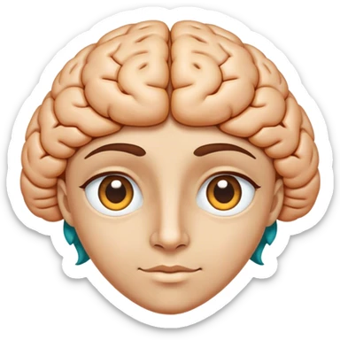 An androgynous face emoji with golden brown eyes and a friendly expression. The hair is replaced with a symmetrically parted teal blue brain sticker