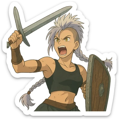 A sword maiden, mohawk, long braid white hair with lavender and tips long messy bangs one side, gold yellow eyes, black crop top, brandishing an arming sword and a shield, roaring! rah! sticker