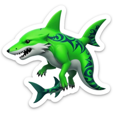 Edgy cool badass Neon-green landhai-sergal-wolf, with a shark tail, with black and dark-green swirly patterns markings sticker