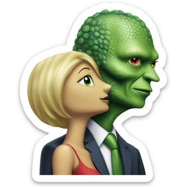 a Reptilian alien woman kissing  Donald Trump  sticker