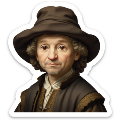 emoji of rembrandt,-shown-as-a-master-artist-with-deep,-introspective-eyes-and-richly-detailed-period-clothing,-rendered-with-dramatic-chiaroscuro-lighting-that-emphasizes-his-legacy brown puffy hat sticker