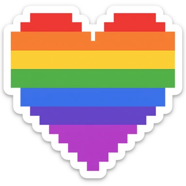 Create a pixel art heart with horizontal rainbow stripes and no background. The style should clearly reflect pixel art characteristics with distinct horizontal stripes in rainbow colors. sticker
