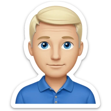 Avatar pic male 35 years old gray hair blue eyes clean shaven blonde eyebrows high cheekbones sly smile long eyelashes wearing a black golf shirt sticker