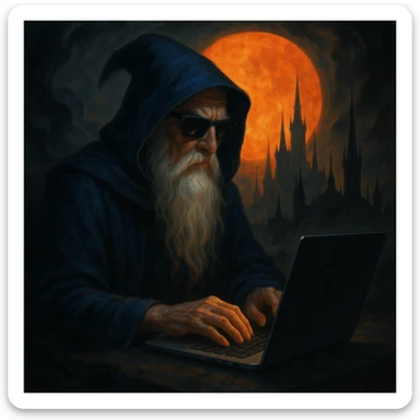 A fantasy wizard with a long white beard and mustache, wearing a deep blue hooded cloak and sleek dark sunglasses, typing on a laptop. The setting features swirling dark mists, a large glowing orange sun or moon in the background, and a gothic city with sharp spires silhouetted against the fiery sky. The color palette contrasts warm orange/yellow with deep blues and blacks, blending ancient mystique with modern technology. sticker