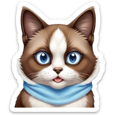 Cinematic Comical Brown Mantle Snowshoe Cat Portrait Emoji, Head tilted dramatically with an exaggeratedly shocked or offended expression, deep brown fur flowing like a mantle over its back, paired with crisp white paws, chest, and a signature white facial mask, piercing icy-blue eyes widened in disbelief, Simplified yet hilariously expressive features, highly detailed, glowing with a slightly sassy glow, high shine, dramatic yet playful, stylized with an air of attitude, bright and endearing, soft glowing outline, capturing the essence of a sassy and over-the-top feline, so meme-worthy it feels like it could side-eye its way into internet fame instantly! sticker