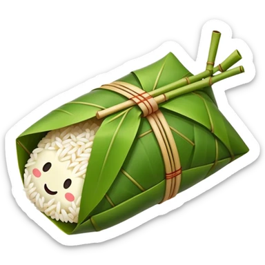 Rice dumpling Zongzi wrapped in bamboo leaves, simplified emoji style with bold outlines and bright colors, cartoon style sweet glutinous rice treat sticker
