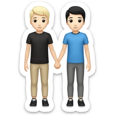 Dois jovens meninos brancos um de cabelo preto e outro loiro com penteado moderno, de corpo inteiro e mãos dadas sticker