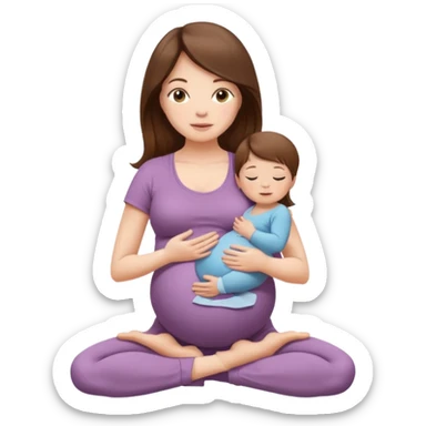 "Pregnant woman sitting in a yoga pose with long brown hair and fair skin, holding a newborn baby with short brown hair and fair skin." sticker