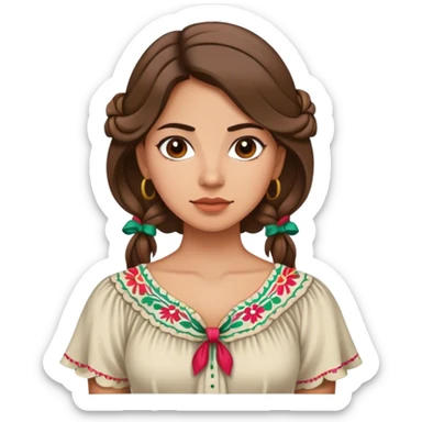 Latina woman, tied hair, light brunette, slim complexion, with typical mexican blouse sticker