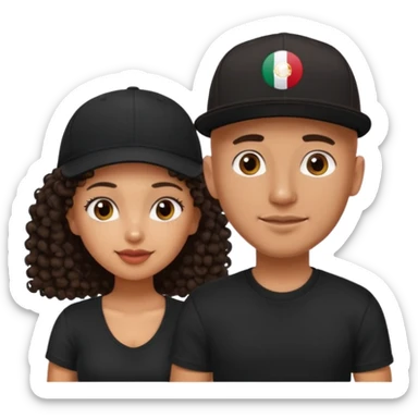 A picture of a cute tanned couple. the man is Mexican, with a bald hair cut wearing a SnapBack hat and a black shirt. the woman is mixed, she has curly longer dark brown hair, thicker and with big boobs  sticker