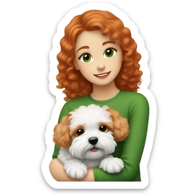 red haired girl with green eyes  hugging her black and white Maltipoo-dogs sticker