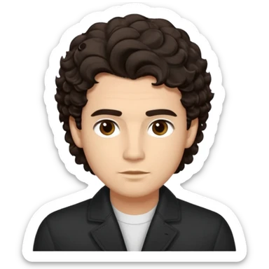 He’s a man with light to medium skin, a defined oval face, full brows, deep-set eyes, and wavy short dark brown tall puffy hair styled with height, sides are trimmed. expression calm and focused relaxed black open-collar .polished, articulate, and coach vibe. sticker