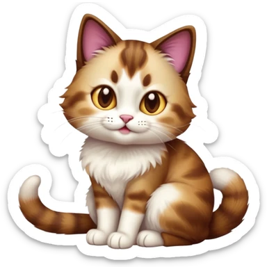 cinematic-[showshoe cat]-realistic-full-body-sitting-emoji,-tail-curled-playfully-around-its-paws,-head-tilted-dramatically,-fluffy-[brown and white]-fur,-simplified-yet-realistic-focused-features,-highly-detailed,-glowing-with-an-almost-sarcastic-glow sticker