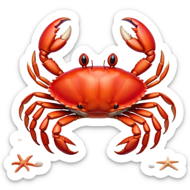 Cinematic Realistic Cute Crab Portrait Emoji, Head tilted playfully and inquisitively, featuring a compact, sturdy form with a glossy red shell uniquely forming an endearing face with bright, sparkling eyes, rendered with intricate natural textures and subtle coastal hues, high shine, affectionate and spirited, styled with a touch of seaside whimsy, soft glowing outline, capturing the essence of a mischievous yet lovable crab that seems ready to pinch playfully out of the screen into your arms! sticker