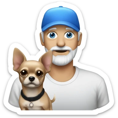Blue eyed Old man with goatee beard ball cap holding black long haired chihuahua sticker