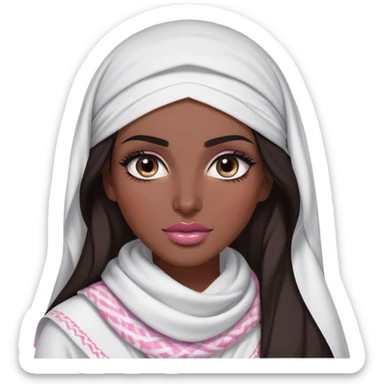 A Arab featured woman with long, dark hair wears white keffiyeh, giving her a graceful and cultural look. Her makeup is well-done, with defined eyebrows and soft pink lips, enhancing her striking features. The dim lighting and blurred background create a warm, intimate atmosphere. sticker