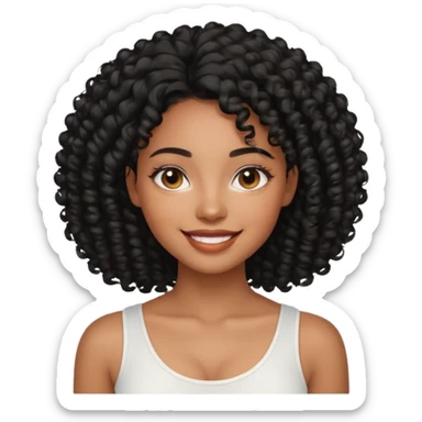 a young woman.She has voluminous, curly black hair that frames her face beautifully. Her skin tone is black light and glowing, and she has a subtle, natural makeup look. She’s smiling softly at the camera. She is wearing a white top sticker
