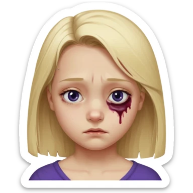 Blonde girl emoji, head and slight shoulders visible, one eye clearly bruised and swollen, dark purple-blue bruise around the entire eye socket, visible puffiness under eyelid, slightly uneven eyelids due to swelling, subtle red irritation around the eye, small wince expression like she’s in pain  sticker