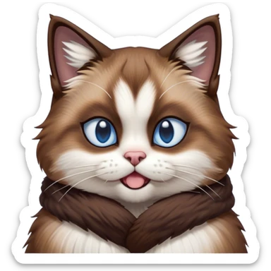 Cinematic Comical Brown Mantle Snowshoe Cat Portrait Emoji, Head tilted dramatically with an exaggeratedly shocked or offended expression, deep brown fur flowing like a mantle over its back, paired with crisp white paws, chest, and a signature white facial mask, piercing icy-blue eyes widened in disbelief, Simplified yet hilariously expressive features, highly detailed, glowing with a slightly sassy glow, high shine, dramatic yet playful, stylized with an air of attitude, bright and endearing, soft glowing outline, capturing the essence of a sassy and over-the-top feline, so meme-worthy it feels like it could side-eye its way into internet fame instantly! sticker