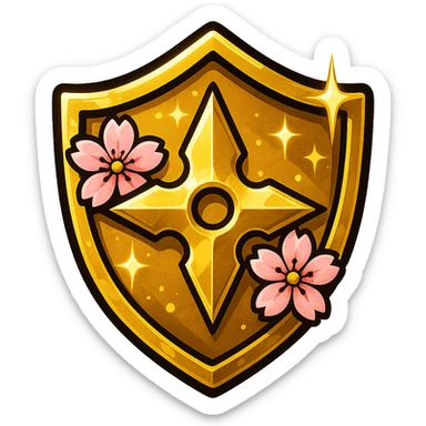 Anime-inspired Japanese style badge for Gold rank: traditional crest shape with gold and yellow gradient, sakura (cherry blossom) accents, ninja star, bold highlights and shadows, sparkly effects, no text, sized for Twitch or Discord use, transparent background. sticker