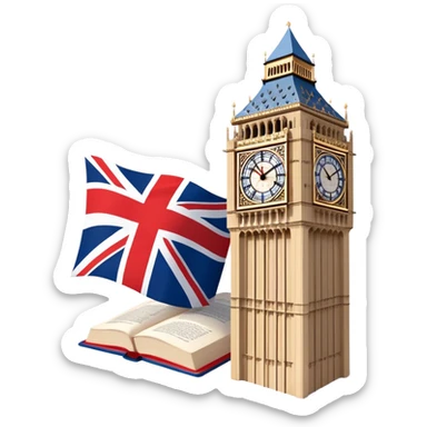 An icon featuring the Big Ben clock tower and the flag of the United Kingdom, symbolizing the English language. The design includes an open book with English words and phrases, representing language learning and cultural exploration. Transparent background  sticker