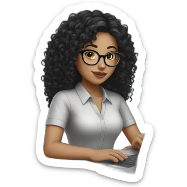 White girl with specs and long black curly hair working on a laptop  sticker