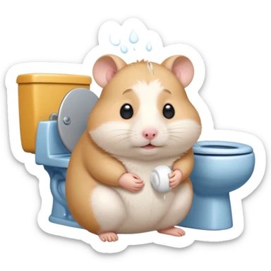 Cute chubby cartoon-style hamster sitting on toilet pooping looking as if he had an accident sticker