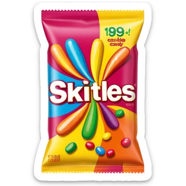 A Skittles candy package from the 1990s with extreme 90s American design, wild patterns, vibrant colors sticker