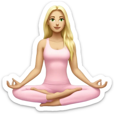 blonde long hair and green eyes yoga girl in light pink clothes sitting on a yoga mat sticker