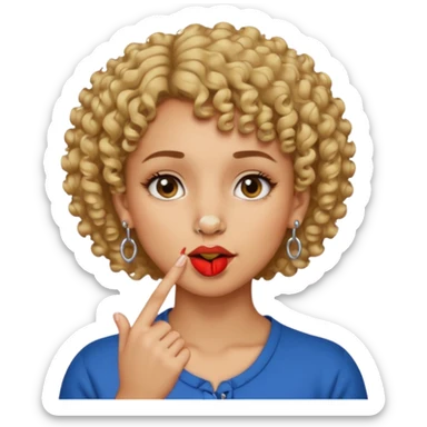 faça uma mulher com o cabelo curtinho cacheado com piercing no nariz e brincos e o dedo indicador no canto da boca sticker