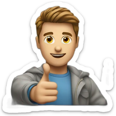 A person behind a laptop is pointing at the camera sticker