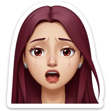 emoji of girl crying hysterically with tears dripping down eyes with maroon dark long hair in a middle part with straight nose hazel eyes medium perfect eye brows with  a nose ring silver on the right nostril  sticker