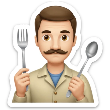 Caucasian guy with a mustache holding a spoon and a fork sticker