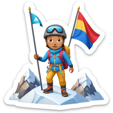 A 3D cartoon mountaineer standing on a snowy Everest-like summit with a flag, wearing colorful climbing gear, soft lighting, Memoji-style. sticker
