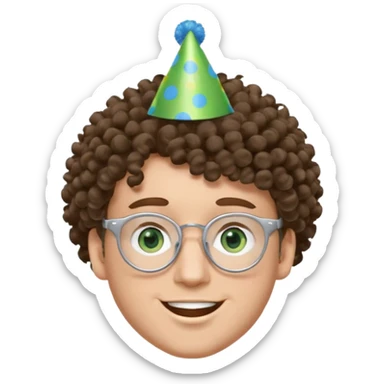 A white guy with curly brown hair and green eyes with a happy face, and wear square glasses.He’s also got a full silver birthday party hat on his head with blue pom poms on top of it, and his T-shirt is all black, he wears a little gold circle earrings on his left  sticker